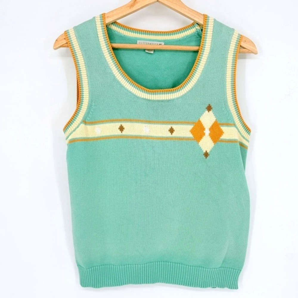 Cutter & Buck Womens Mint Green Argyle Cotton Knit Sweater Vest VTG M Preppy